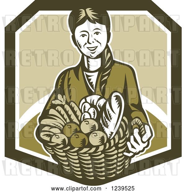 Vector Clip Art of Retro Woodcut Lady Holding a Basket of Harvest Foods and Bread