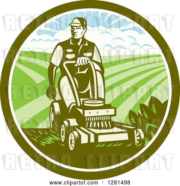Vector Clip Art of Retro Woodcut Landscaper Mowing a Lawn with Farmland in a Green and White Circle