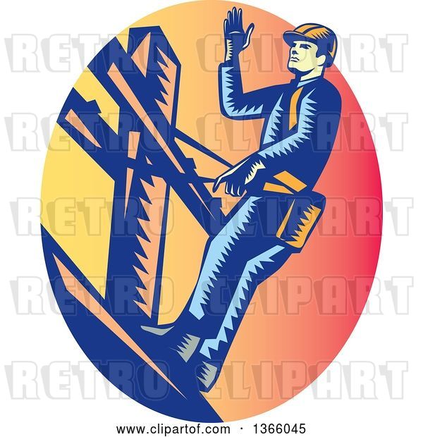 Vector Clip Art of Retro Woodcut Lineman on a Post, in a Sunset Oval
