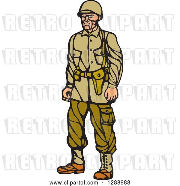 Vector Clip Art of Retro Woodcut Linocut World War Two Soldier in Uniform