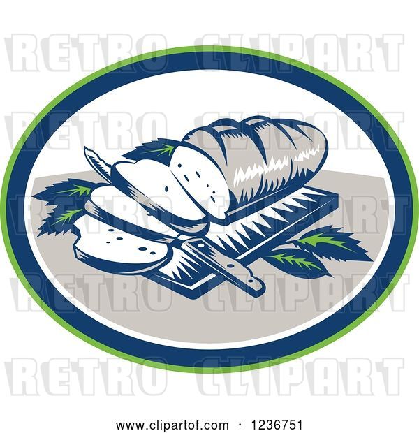 Vector Clip Art of Retro Woodcut Loaf of Bread with Slices and Knife on a Board in an Oval