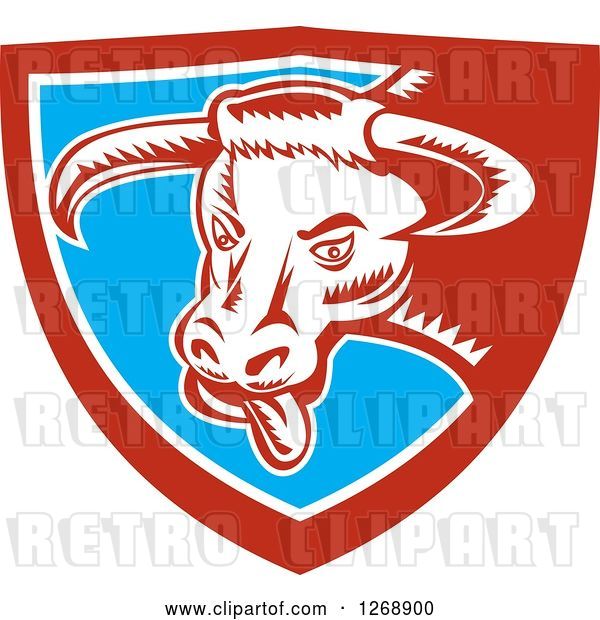 Vector Clip Art of Retro Woodcut Longhorn Bull with Its Tongue Hanging out in a Red White and Blue Shield