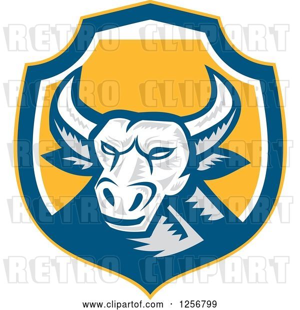 Vector Clip Art of Retro Woodcut Longhorn Steer Bull in a Blue White and Yellow Shield