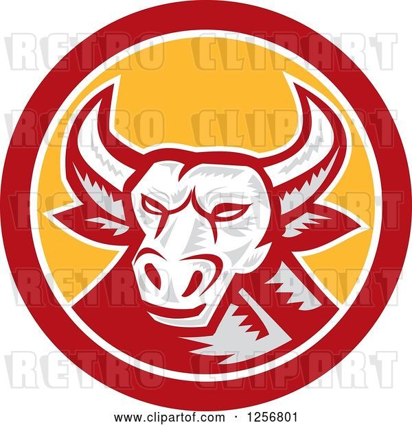 Vector Clip Art of Retro Woodcut Longhorn Steer Bull in a Red and Yellow Circle