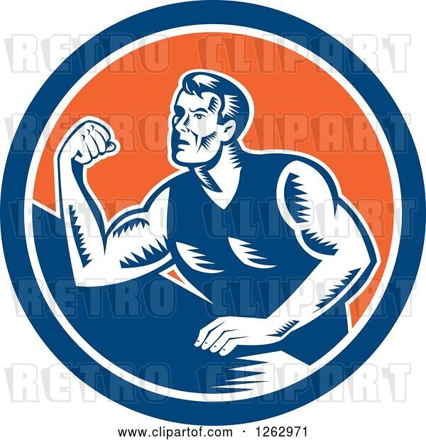 Vector Clip Art of Retro Woodcut Male Arm Wrestling Champion in a Blue White and Orange Circle