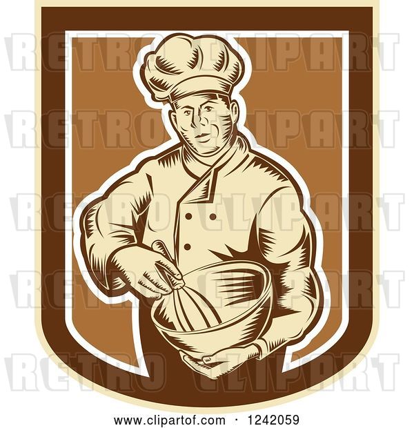 Vector Clip Art of Retro Woodcut Male Baker with a Mixing Bowl in a Crest
