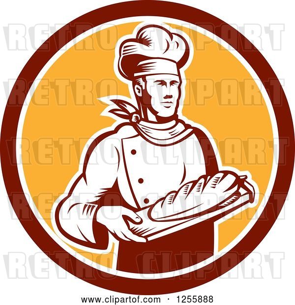 Vector Clip Art of Retro Woodcut Male Baker with Bread in a Circle