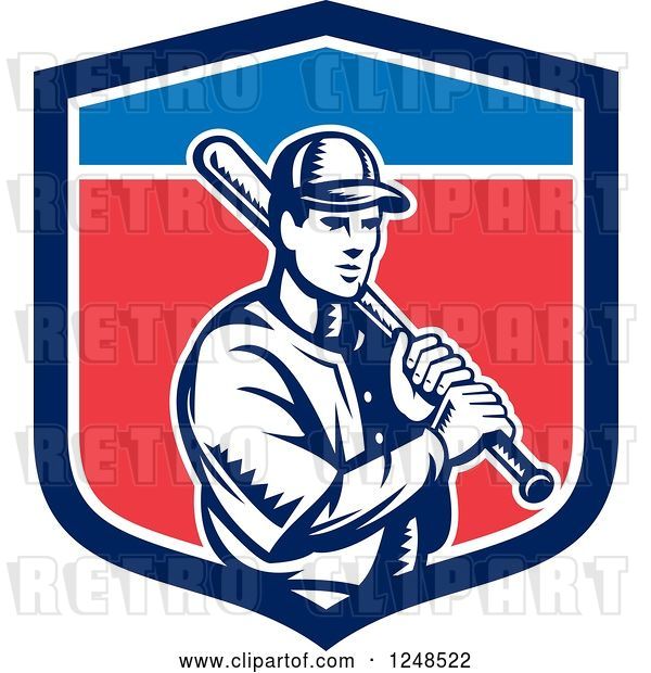 Vector Clip Art of Retro Woodcut Male Baseball Player and Bat in a Shield