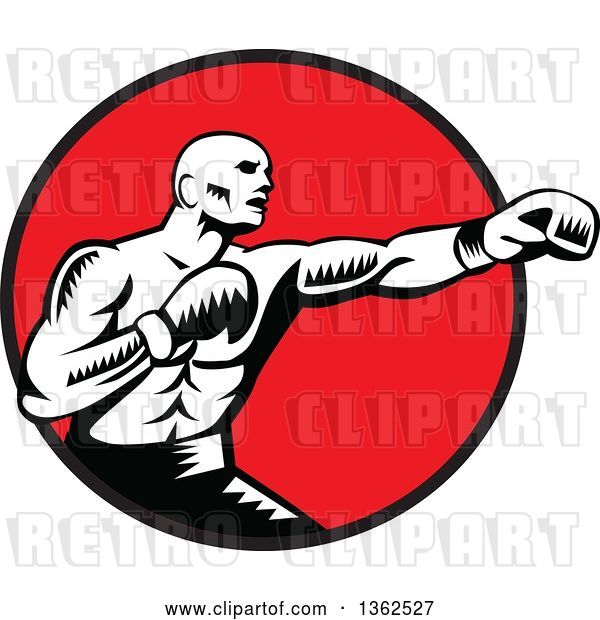 Vector Clip Art of Retro Woodcut Male Boxer Jabbing in a Red Circle