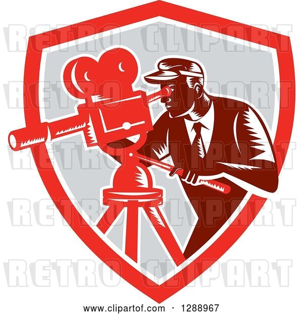 Vector Clip Art of Retro Woodcut Male Cameraman Working in a Red White and Gray Shield