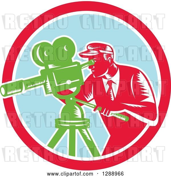 Vector Clip Art of Retro Woodcut Male Cameraman Working in a Red White and Pastel Blue Circle