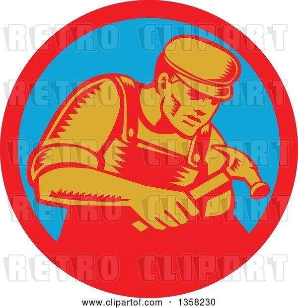 Vector Clip Art of Retro Woodcut Male Carpenter Worker Using a Hammer in a Red and Blue Circle