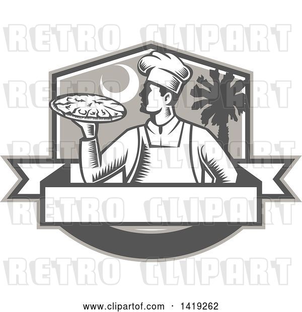Vector Clip Art of Retro Woodcut Male Chef Holding a Pizza Pie in a Shield with a Moon and Palmetto Tree