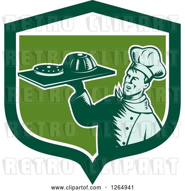 Vector Clip Art of Retro Woodcut Male Chef Holding Gelatin or Cake on a Platter in a Green and White Shield