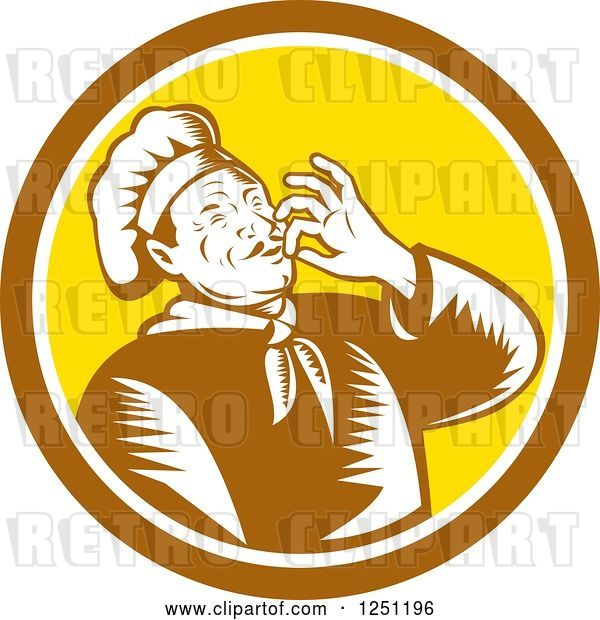 Vector Clip Art of Retro Woodcut Male Chef Kissing His Hands in a Brown and Yellow Circle