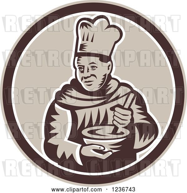 Vector Clip Art of Retro Woodcut Male Chef Mixing in a Circle