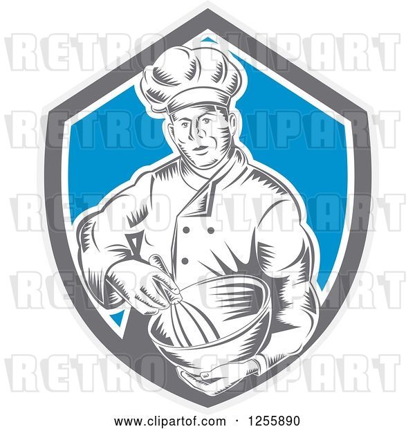 Vector Clip Art of Retro Woodcut Male Chef Mixing in a Shield