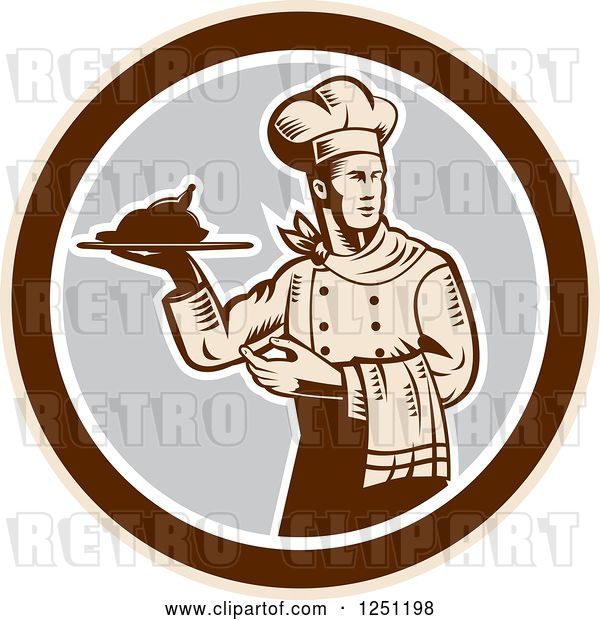 Vector Clip Art of Retro Woodcut Male Chef Serving a Roasted Chicken in a Gray and Brown Circle