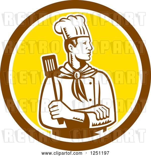 Vector Clip Art of Retro Woodcut Male Chef with a Spatula in a Brown and Yellow Circle