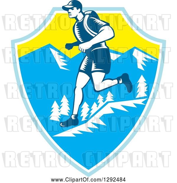 Vector Clip Art of Retro Woodcut Male Cross Country Runner over Mountains in a Blue White and Yellow Shield