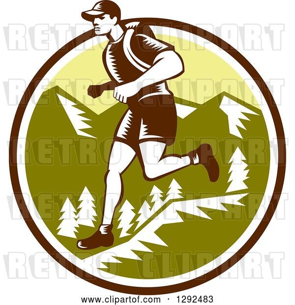 Vector Clip Art of Retro Woodcut Male Cross Country Runner over Mountains in a Brown White and Green Circle