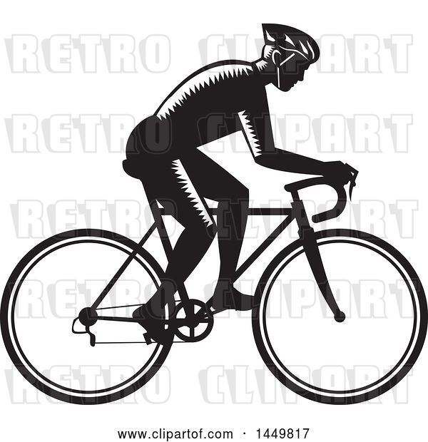 Vector Clip Art of Retro Woodcut Male Cyclist Riding a Bicycle