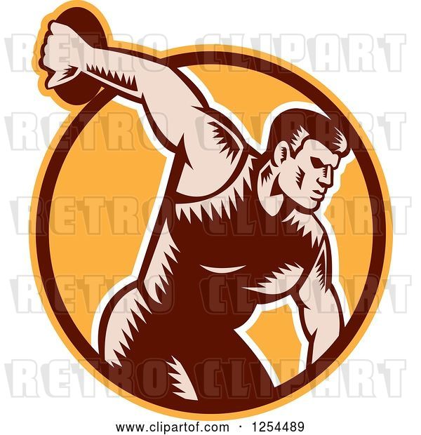 Vector Clip Art of Retro Woodcut Male Discus Thrower in an Orange and Brown Circle