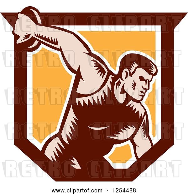 Vector Clip Art of Retro Woodcut Male Discus Thrower in an Orange and Brown Shield