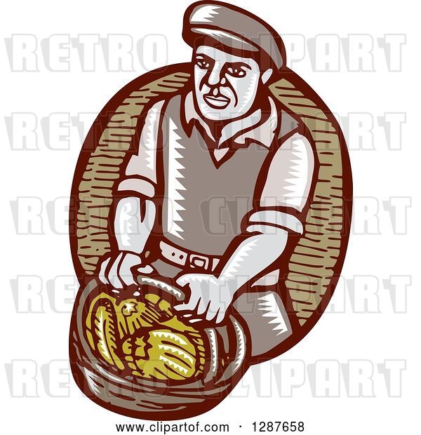 Vector Clip Art of Retro Woodcut Male Farmer Carring a Basket of Harvest Vegetables