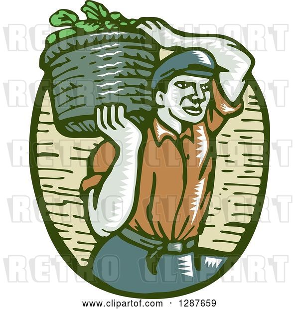 Vector Clip Art of Retro Woodcut Male Farmer Carring a Basket of Harvest Vegetables on His Shoulder