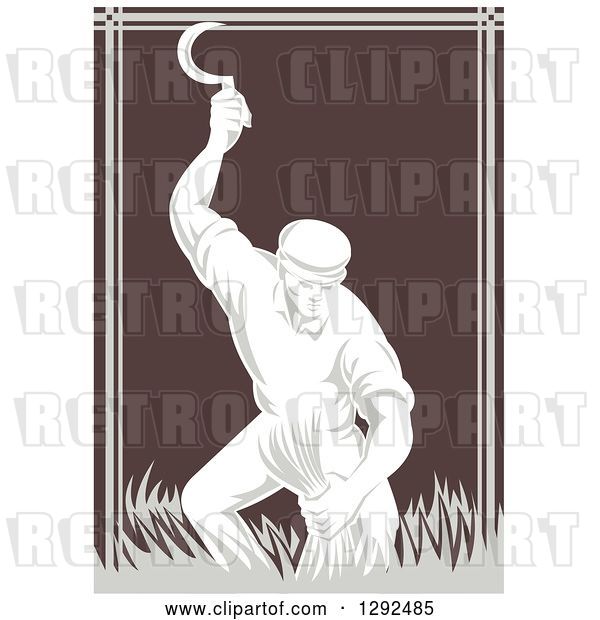 Vector Clip Art of Retro Woodcut Male Farmer Harvesting Wheat with a Scythe in Brown and Gray