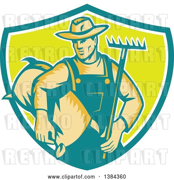 Vector Clip Art of Retro Woodcut Male Farmer Holding a Rake and Sack in a Turquoise White and Green Shield
