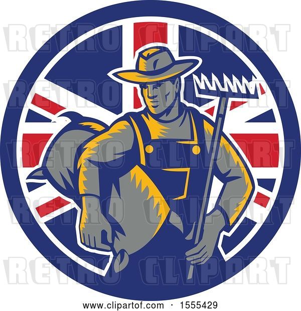 Vector Clip Art of Retro Woodcut Male Farmer Holding a Rake and Sack in a Union Jack Flag Circle