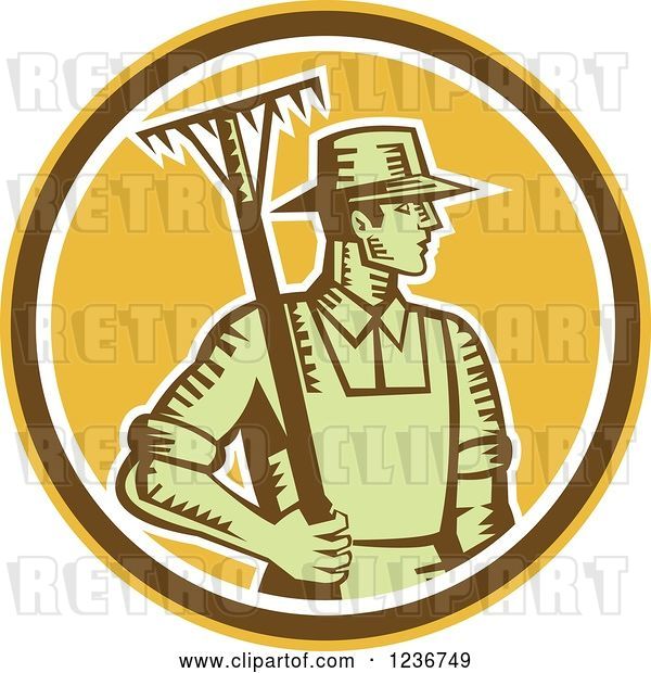 Vector Clip Art of Retro Woodcut Male Farmer Holding a Rake in a Yellow Circle