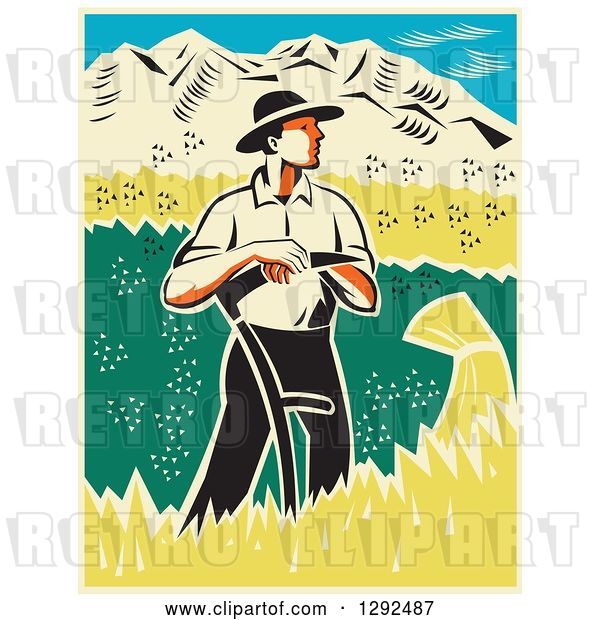 Vector Clip Art of Retro Woodcut Male Farmer Standing and Resting on a Scythe in a Wheat Crop