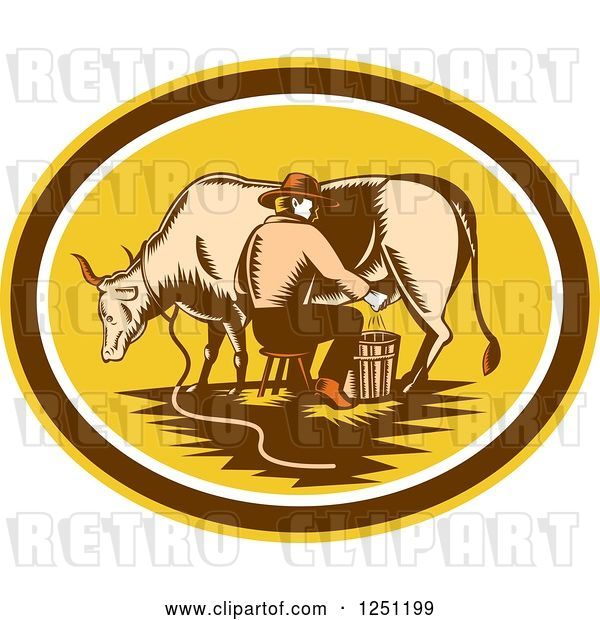 Vector Clip Art of Retro Woodcut Male Fermer Milking a Cow in a Yellow and Brown Oval