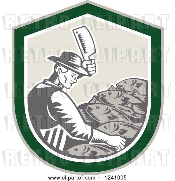 Vector Clip Art of Retro Woodcut Male Fishmonger Chopping Meat in a Green Shield
