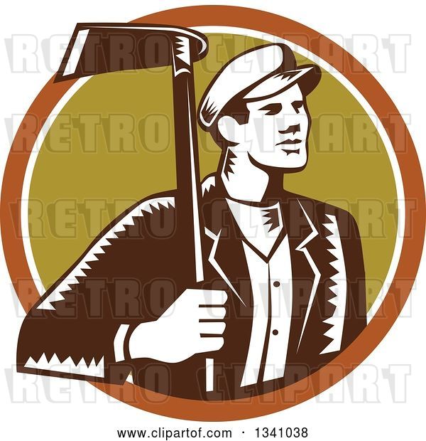 Vector Clip Art of Retro Woodcut Male Gardener Holding a Grub Hoe in a Brown White and Green Circle