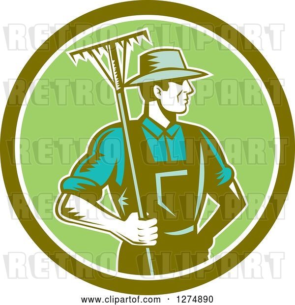 Vector Clip Art of Retro Woodcut Male Gardener or Farmer Holding a Rake in a Green and White Circle
