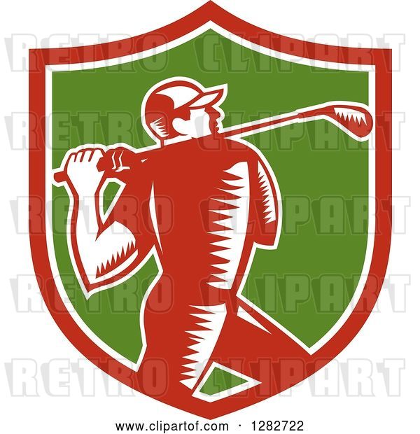 Vector Clip Art of Retro Woodcut Male Golfer Swinging a Club in a Red White and Green Shield