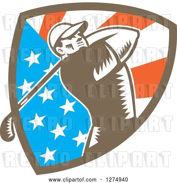 Vector Clip Art of Retro Woodcut Male Golfer Swinging in an American Flag Shield