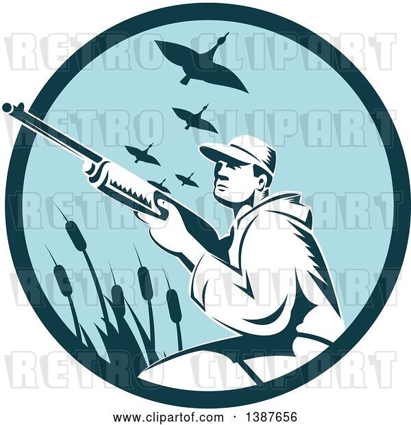 Vector Clip Art of Retro Woodcut Male Goose Hunter Aiming in a Blue Circle