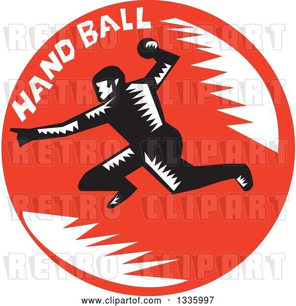Vector Clip Art of Retro Woodcut Male Handball Player in Action, with Text in a Red Circle