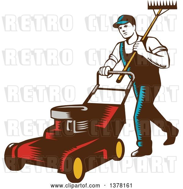 Vector Clip Art of Retro Woodcut Male Landscaper Carrying a Rake and Pushing a Lawn Mower
