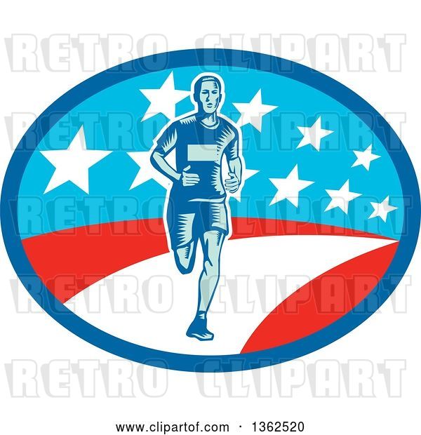 Vector Clip Art of Retro Woodcut Male Marathon Runner in an American Oval