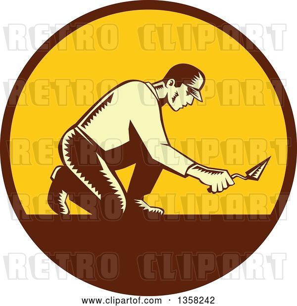 Vector Clip Art of Retro Woodcut Male Mason Worker Kneeling and Using a Trowel in a Brown and Yellow Circle