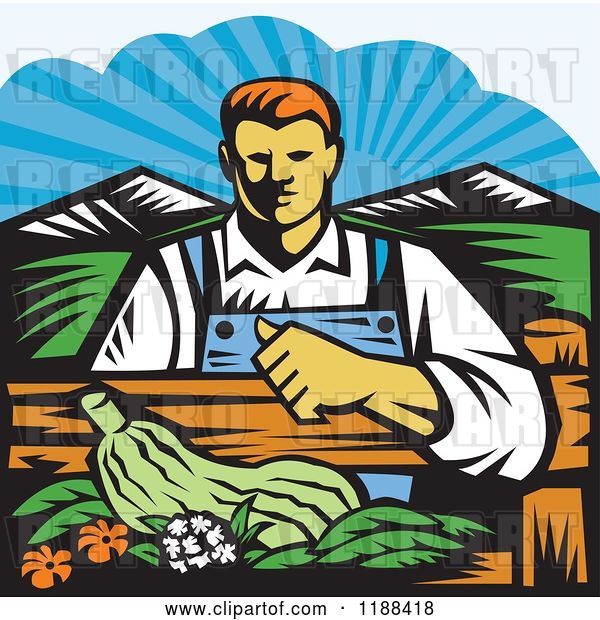 Vector Clip Art of Retro Woodcut Male Organic Farmer with Produce, Behind a Fence