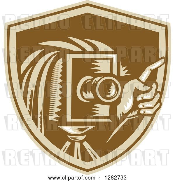 Vector Clip Art of Retro Woodcut Male Photographer Holding up a Finger and Using a Camera in a Brown Shield