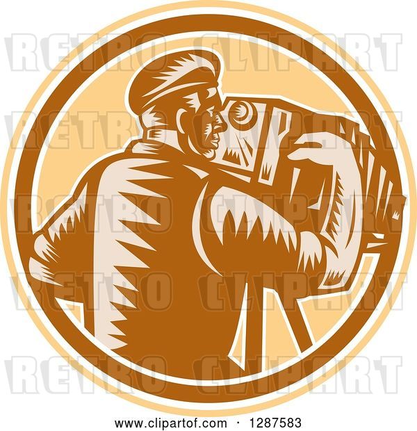 Vector Clip Art of Retro Woodcut Male Photographer Using a Bellows Camera in a Brown White and Tan Circle