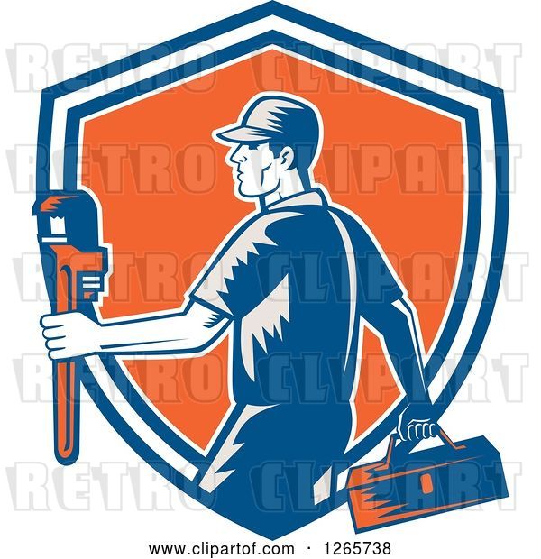 Vector Clip Art of Retro Woodcut Male Plumber Carrying a Monkey Wrench and Tool Box in a Blue White and Orange Shield